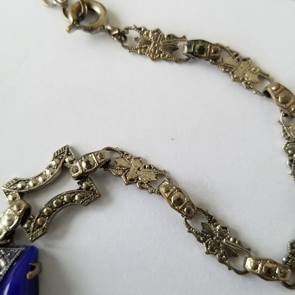 Relisted-Vintage Art Deco necklace blue glass silver tone choker - Picture 13 of 17